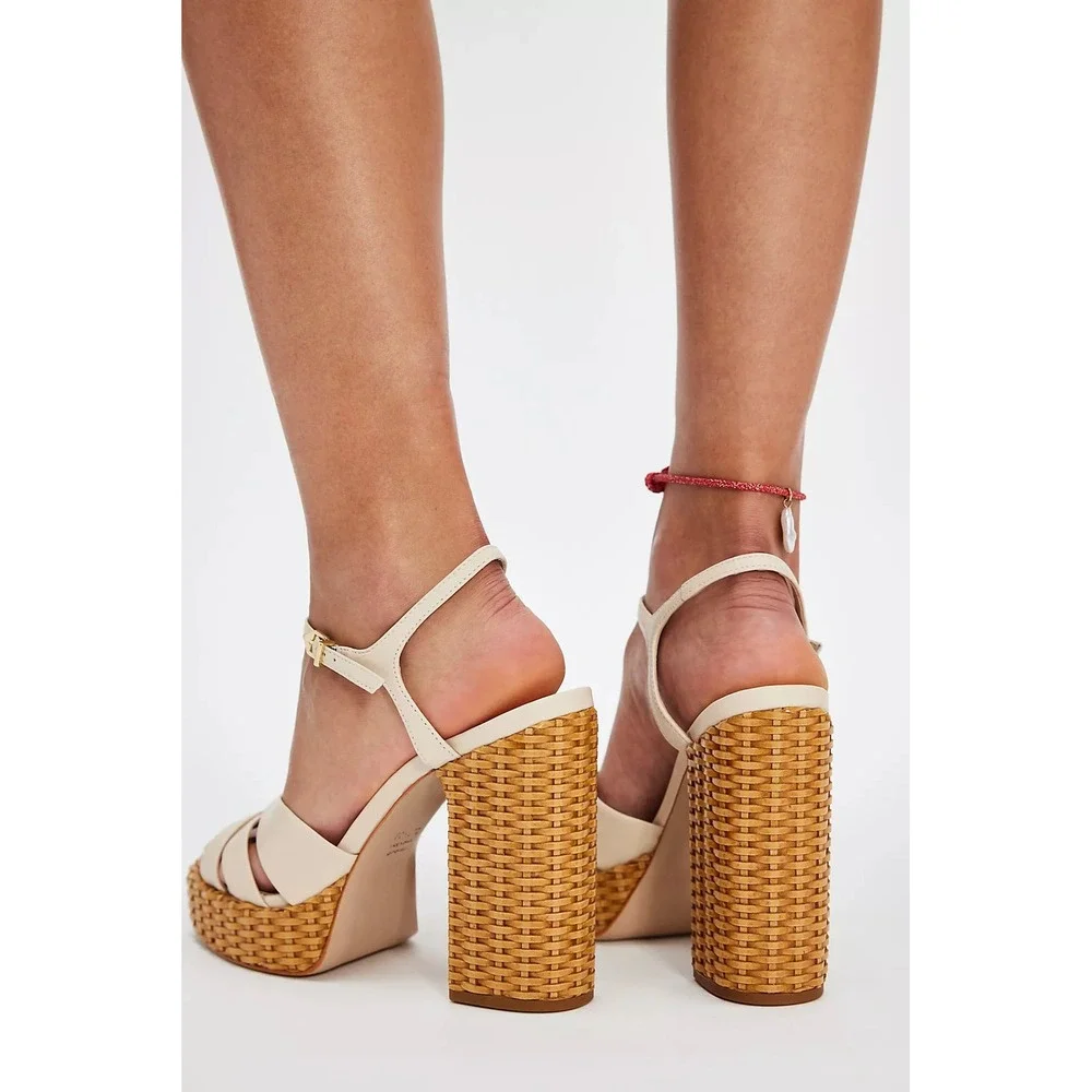 New Schutz Keefa Straw Platform Sandals Off White Leather‎ Woven Block Heel 9.5